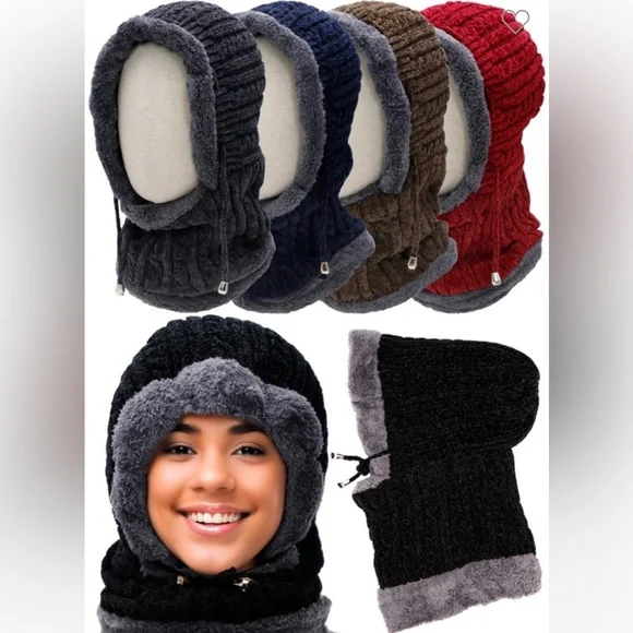 Chenille & Fleece Faux Fur Balaclava Hat Scarf - Picture 1 of 8